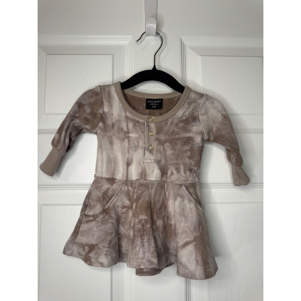 Little Bipsy Baby Girl Ribbed Tie Dye Henley Dress Tan White 0-3M